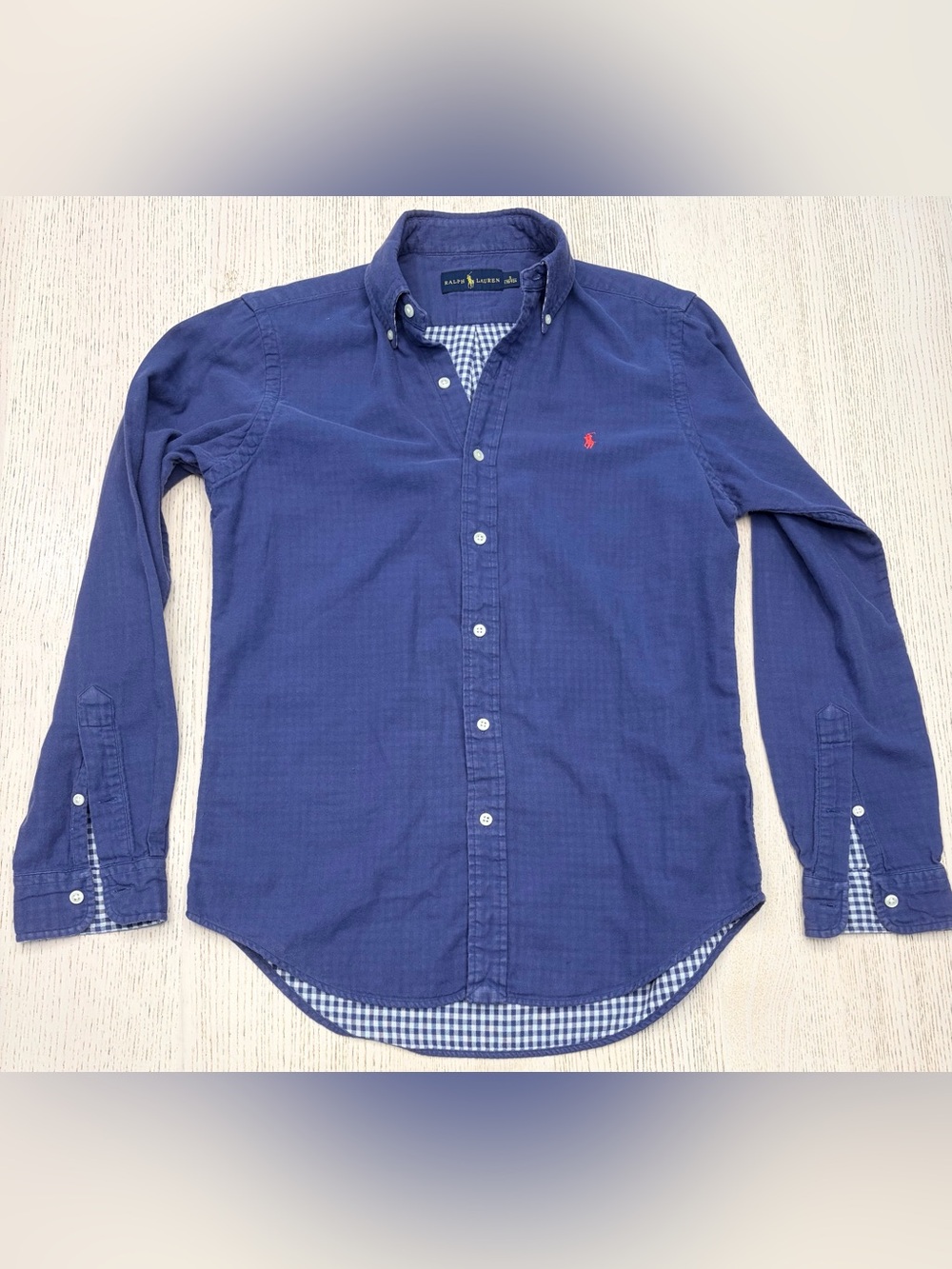 Ralph Lauren Navy Blue Button-Down Shirt with Contrast Gingham Trim